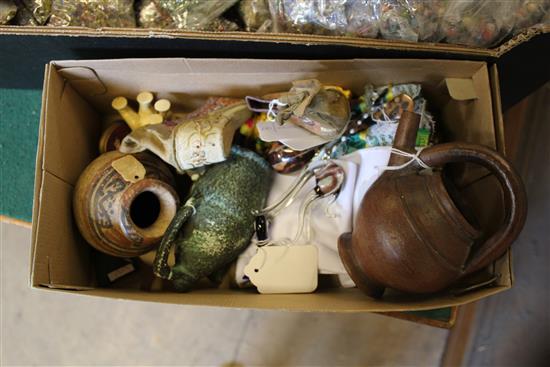 Pre-Columbian pot, Pompeii oil jar, pair Chinese childs embroidered shoes, sundry souvenir items, glass animals etc (Q)